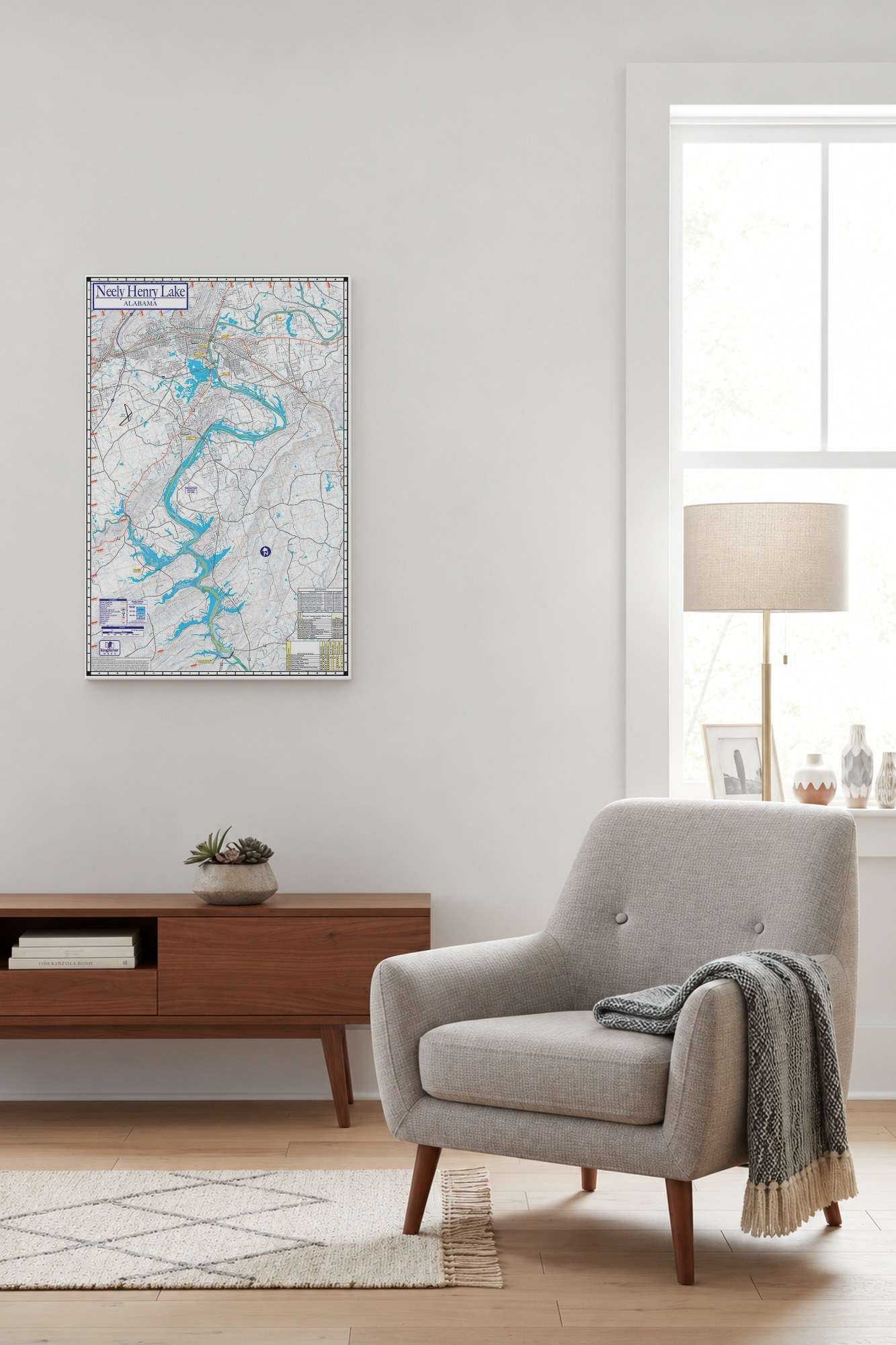 Neely Henry Lake Map on Canvas in a lake house living room